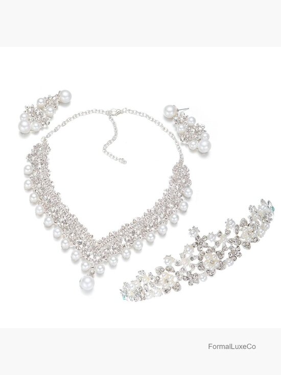 Luxury Bridal Jewellery Set, CZ Cubic Zirconia Wedding  Bridal Crown Tiara Set with Pearl and Crystal Necklace Earrings